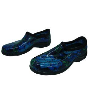 Womens Sloggers Bright Blue Floral Slip On Comfort Garden Rain Clogs Shoes Sz 8